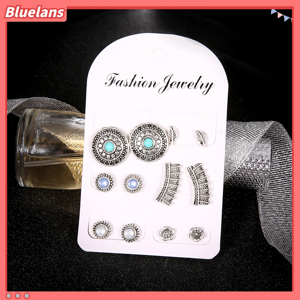 6 Pasang / Set Anting Stud Bentuk Bunga Bulu Bulat Gaya Retro Boho Untuk Wanita