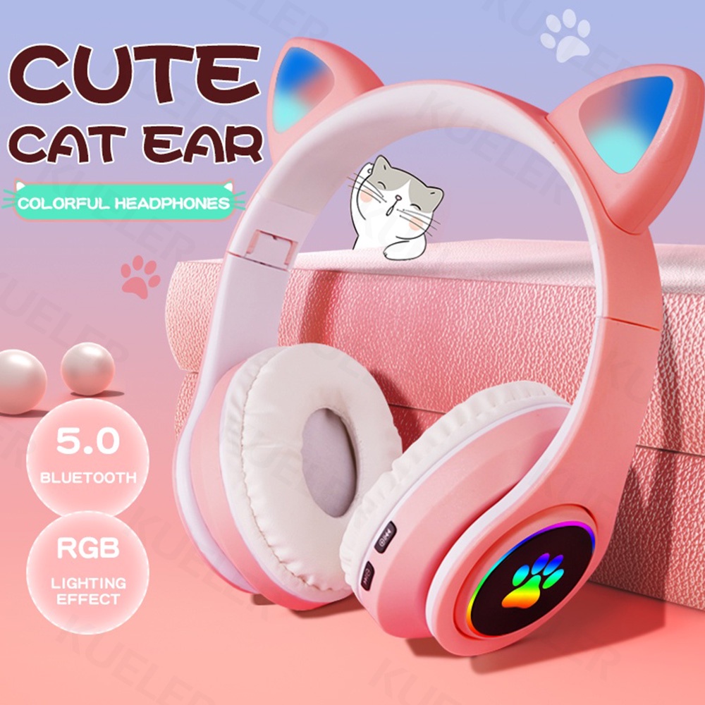 Headphone Bluetooth Telinga Lampu Kucing B39 Cat Ear Headphone On Ear Bass Bando Bloetooth Headset Wireless Lucu Anak-anak Macaroon Headset Gaming Murah
