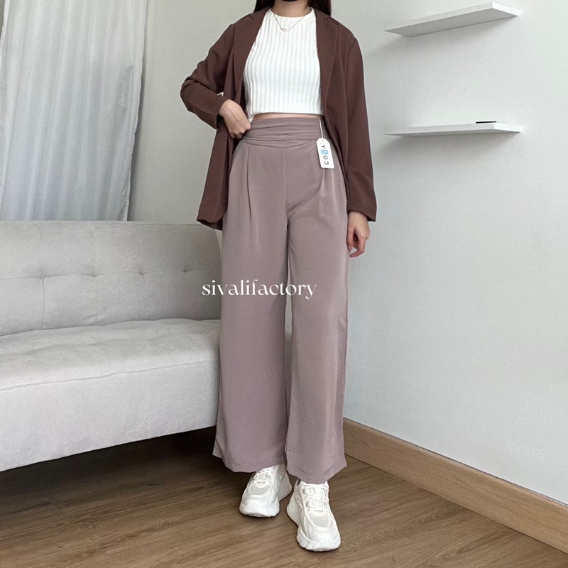 SIVALI Jiwoo Pants 592 - Loose Pants Trousers Wanita - Celana Anti Kusut - Celana Kulot Wanita - Celana Kantor Formal / Casual