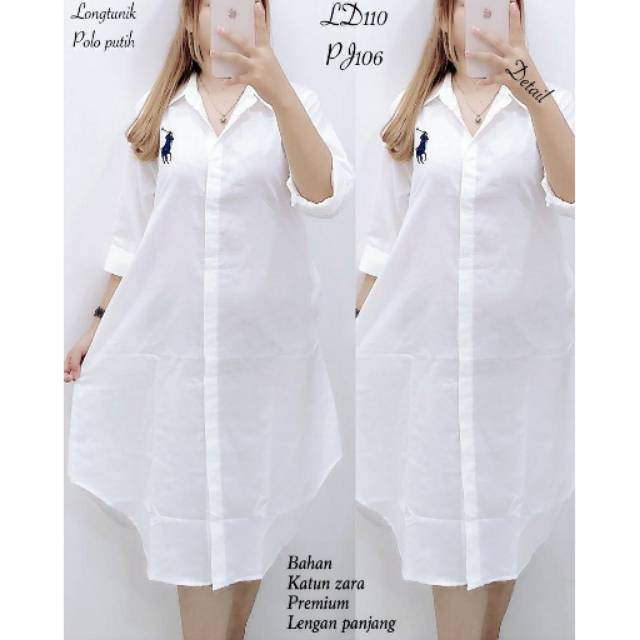 Long tunik polo putih LD 110 pj106 bahan katun Zara premium
