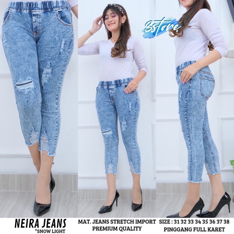 BISA COD|NEIRA JEANS|CELANA JEANS WANITA 7/9 APLIKASI SOBEK TIDAK TEMBUS