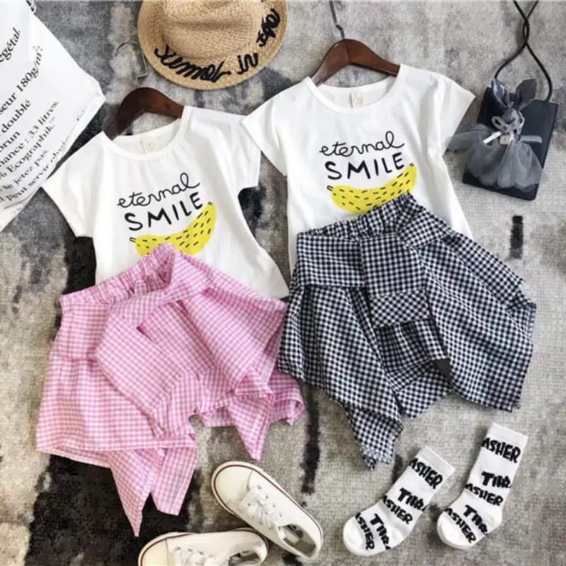 CFS 2pcs Fashion Setelan Import Harajuku Anak Kaos + Rok Plaid Ikat