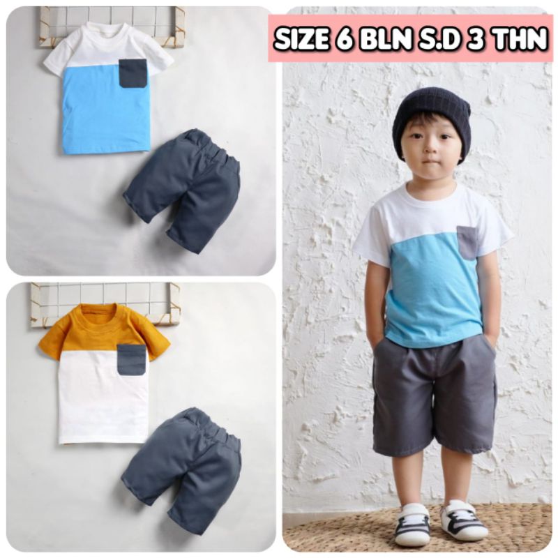 Setelan Baju Bayi Anak Laki-laki Usia 6 Bulan - 3 Tahun / Baju Setelan Kaos Celana Anak Laki-laki Motif Two Tone