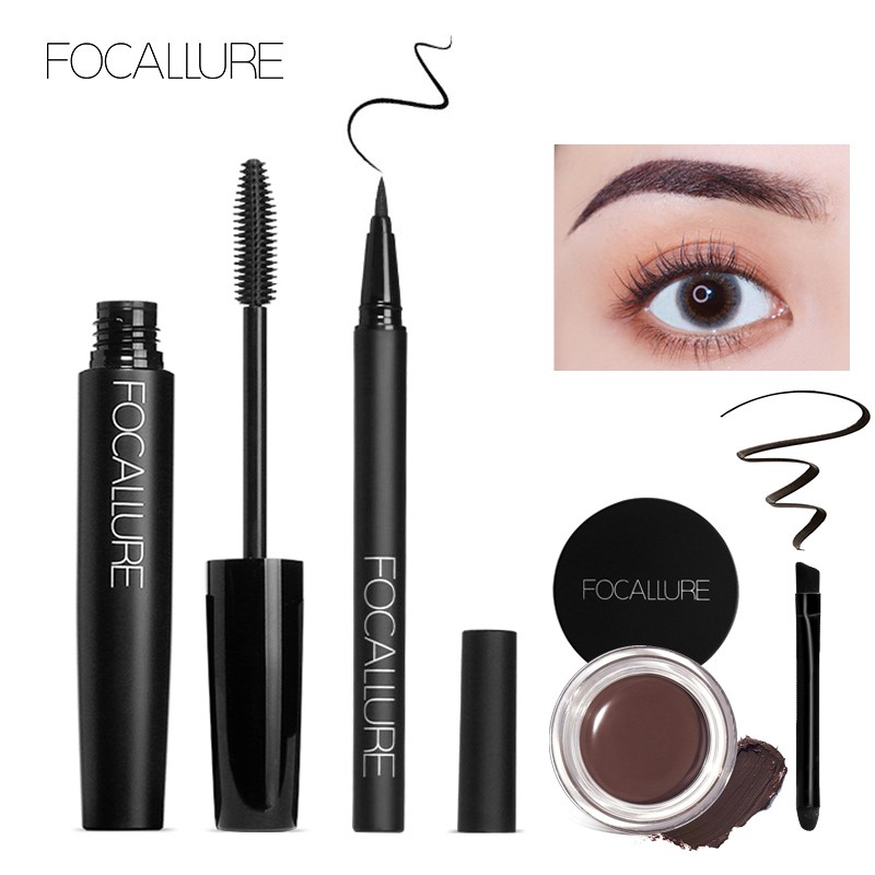 FOCALLURE 3-pcs Eye makeup set (Eyebrow Cream+ brush/ Eyeliner pen/ Mascara)