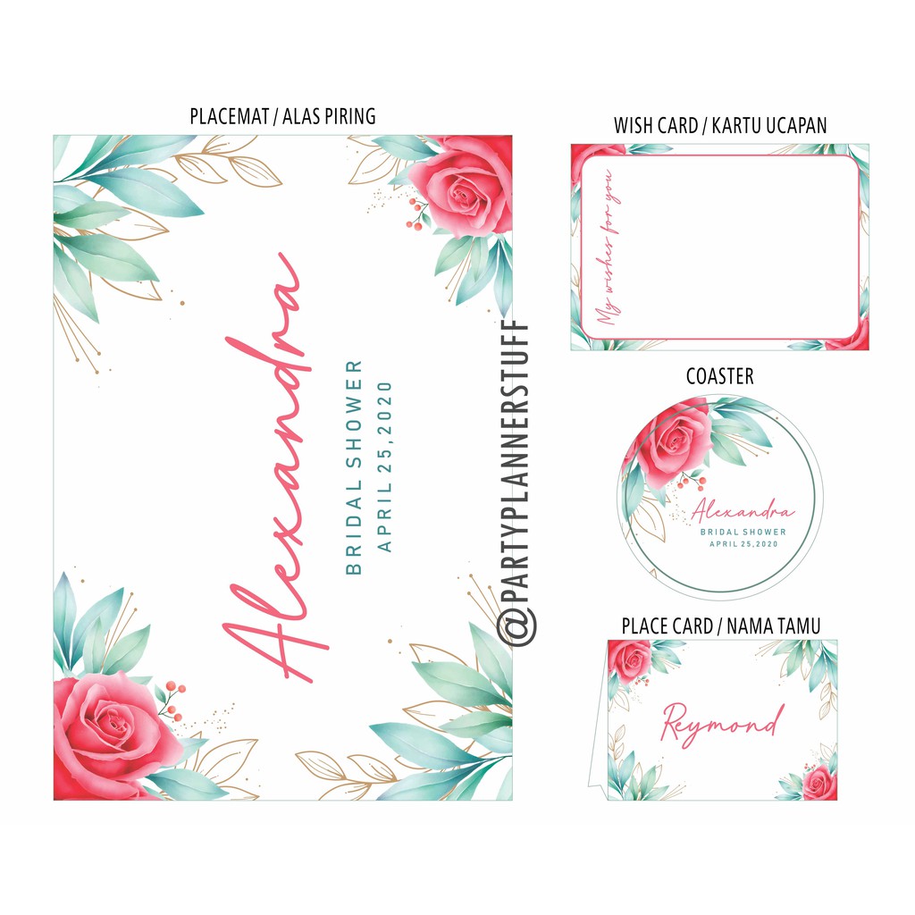 Table set sweet seventeen floral rose red bridal shower baby shower printable set dekor meja makan