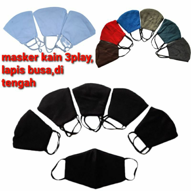 MASKER KAIN 3 LAPIS/3 PLAY,MASKER KARET KUPING/cantol kupingEARLOOPmasker polos,warna ,hitam,putih