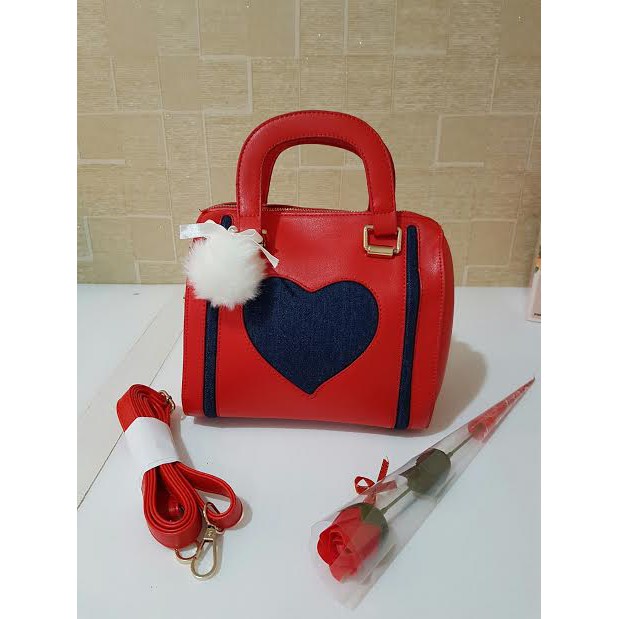 tas tangan handbag red hearty import silinder tabung lucu wanita jeans