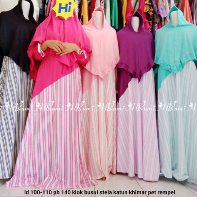 PP Set Gamis Stela Jersey Salur Khimar pet antem polos