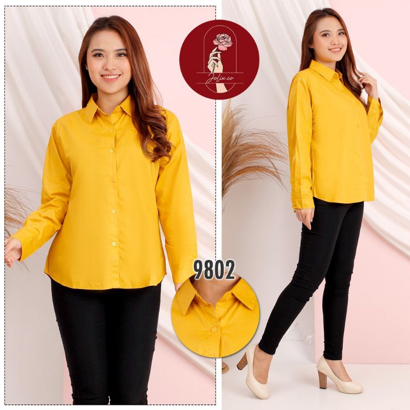 Atasan Kemeja Wanita Polos Casual Hitam Putih Wanita Lengan Panjang Bahan Moscrepe-Mustard