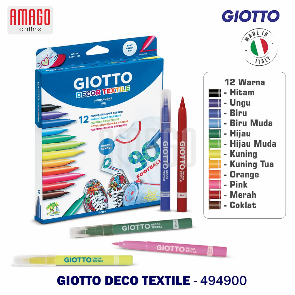 GIOTTO Decor Textile - Fiber Pen 12 Colors Spidol Permanen khusus Kain 12 warna - 494900