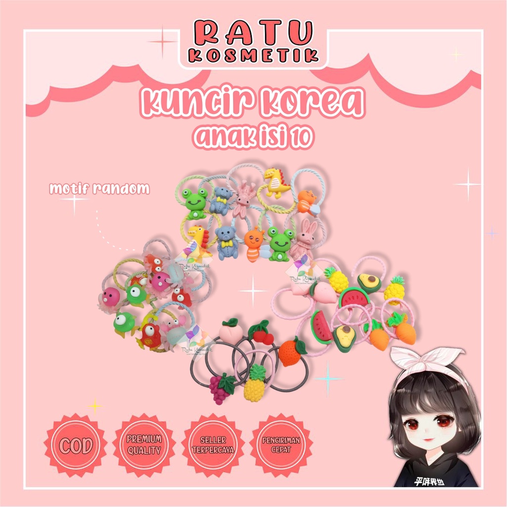 ❤ RATU ❤ Ikat Rambut Anak | Karet Mix | Kunciran Warna Warni Murah isi 50 pcs 4 Pompom Karakter