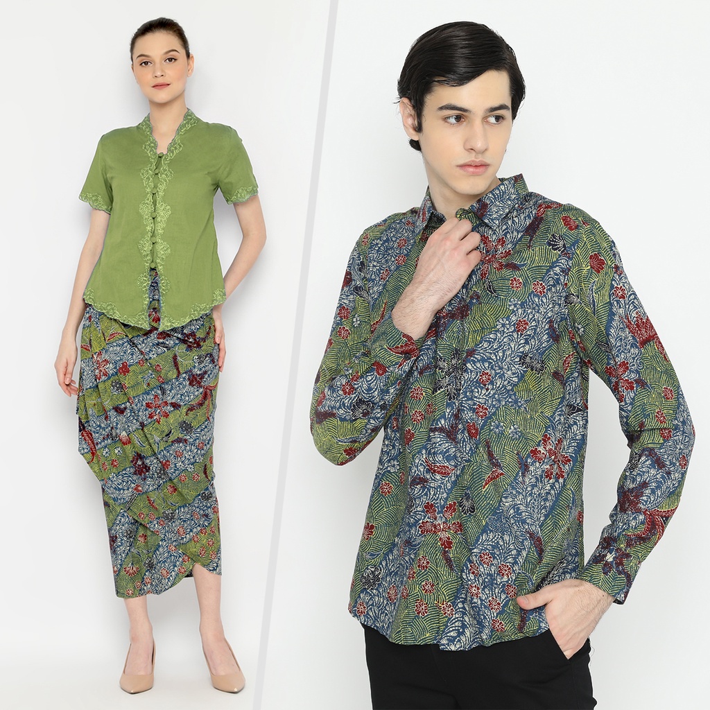 BATIK COUPLE MODERN Kemeja Rok Lilit Instan Batik Pria Lengan Panjang Premium Motif Elegant Warna Biru 721078 CAP 72