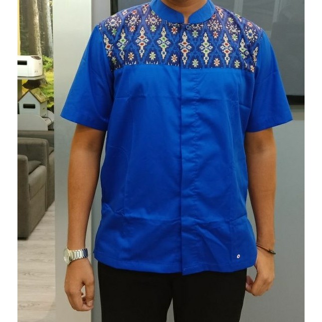 Fashion Muslim - Atasan - Baju Koko Kemeja Koko Pria Rommy Lengan Pendek - Blue Kombinasi Batik -