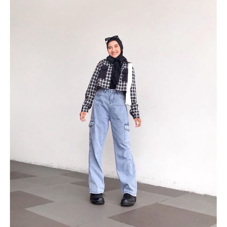 Celana Jeans high waist cargo Jeans wanita