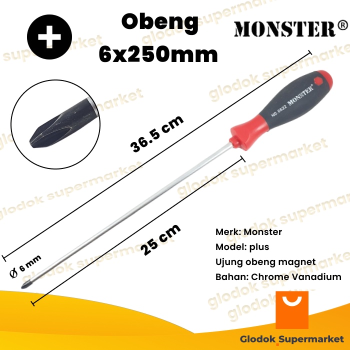 Obeng Plus 10 inch Monster Diameter 6mm Panjang Besi 25cm Magnet