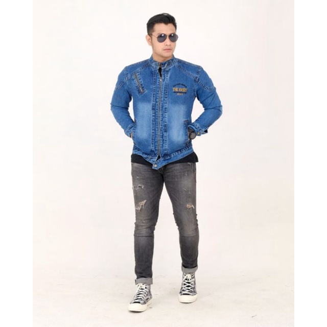 Jaket jeans pria bomber kerah sleting the berry original trending