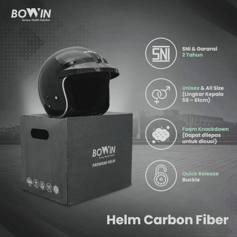 BOWIN Helm Premium Carbon SNI original Helm Half Face Bogo/Helm Retro - motif Carbon