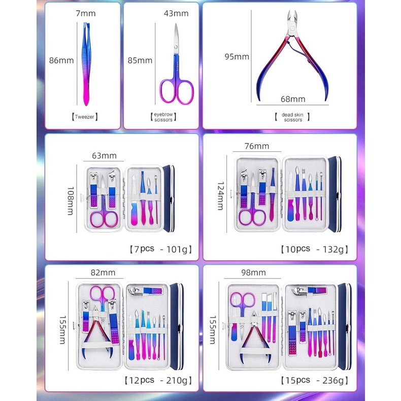 Set Gunting Kuku Manicure Set Pedicure 15 in 1 Premium Rainbow Nail Art Ketokan Kuku Nail Clipper