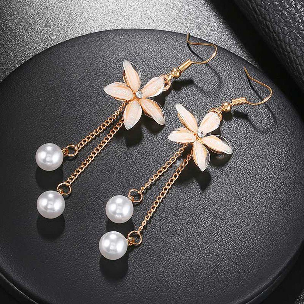 Needway Kait Anting Logam Aksesoris Sederhana Rumbai Simulasi Mutiara Lima Daun Drop Earrings