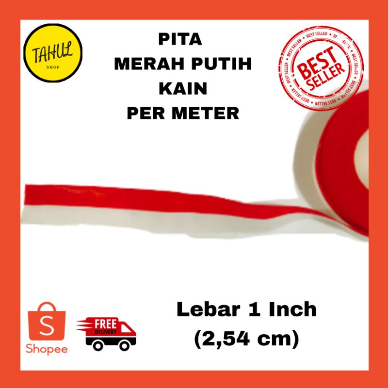 1 METER!!! PITA MERAH PUTIH KAIN 1 Inch / PITA PER METER / PITA 1 METER