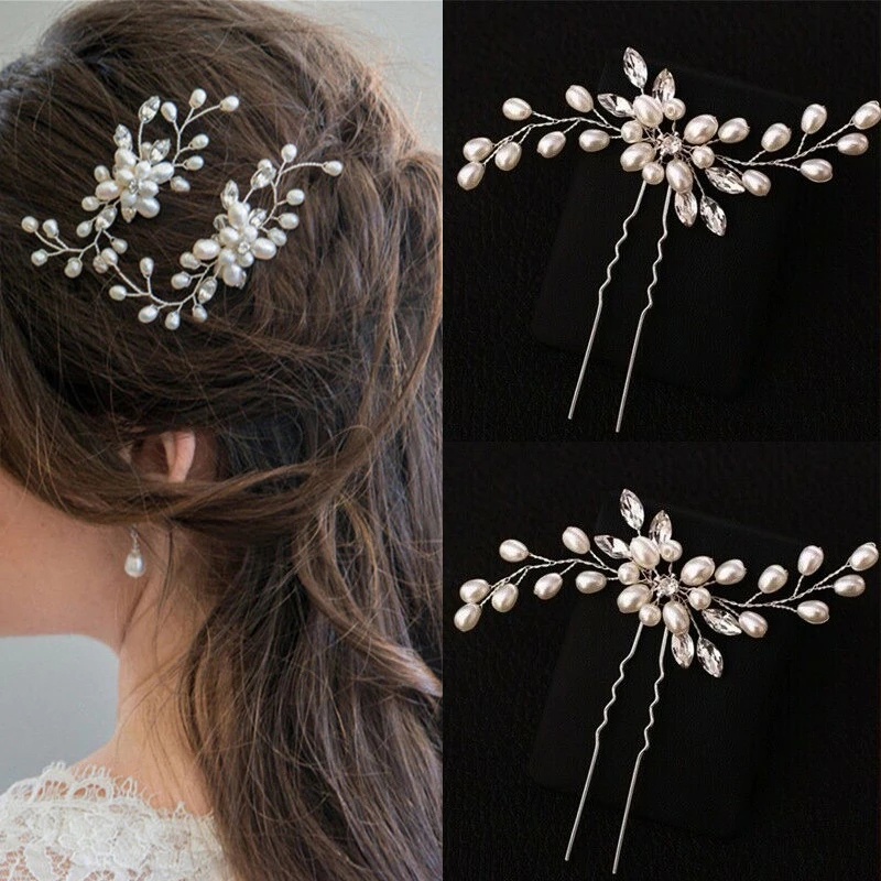 Jepit Rambut Wanita Desain Bunga Hias Kristal Mutiara Berlian Imitasi Ukuran 35cm Untuk Pernikahan