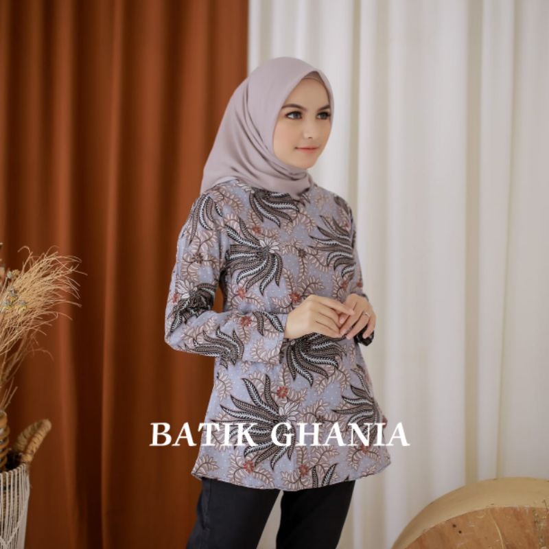 Batik Couple Blouse Batik Atasan Batik Wanita Lengan Panjang Kenongo Abu