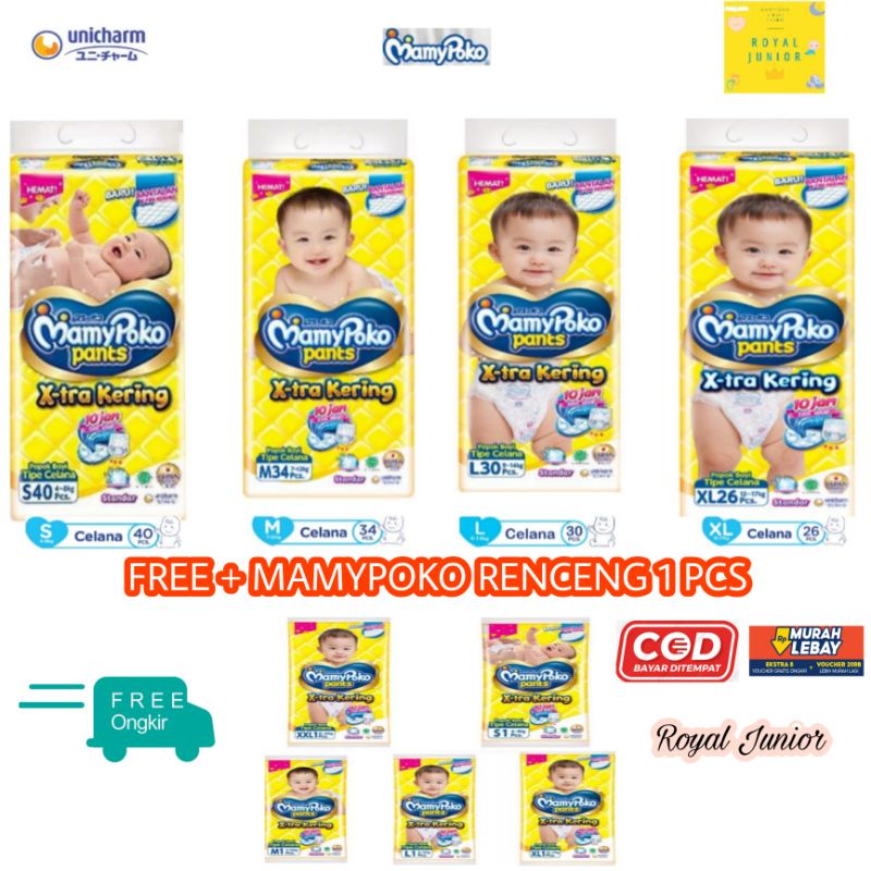 MamyPoko Pants X-tra Kering Popok Celana Pempers Bayi Ukuran S 40 M 32 L 28 XL 26 XXL 24 Free + Mamypoko Renceng 1pcs