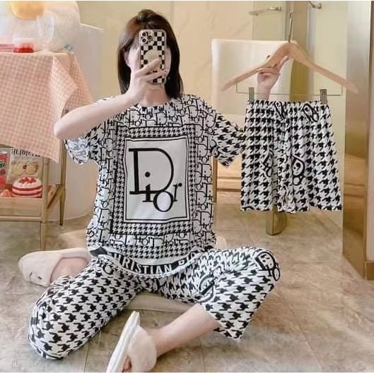 AJW Shop Piyama 3 in 1 | Piyama Lengan Pendek | Baju Tidur Impor | Baju Tidur 3in1-KotakD White