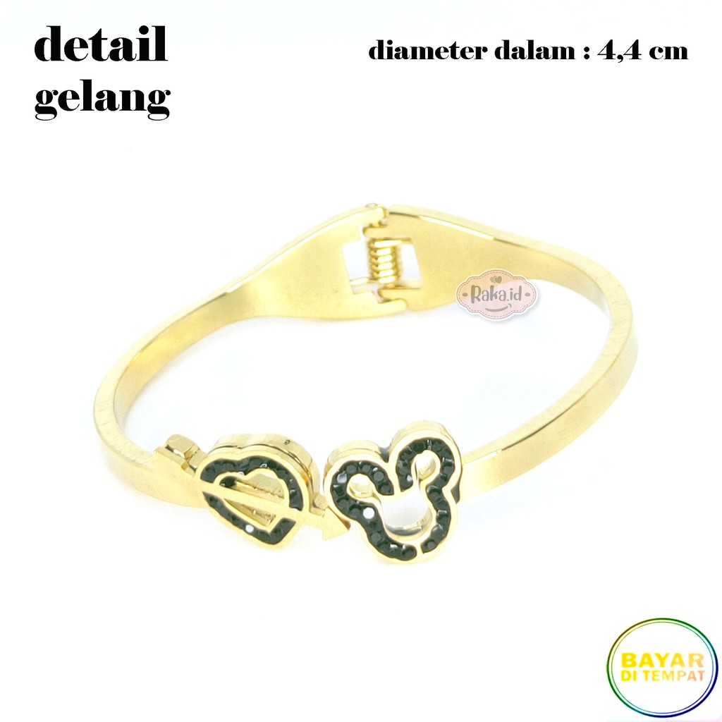 Paket Set Titanium Anak Kalung + Gelang + Cincin + Anting Mickey Hitam Stainless Steel Gold 638