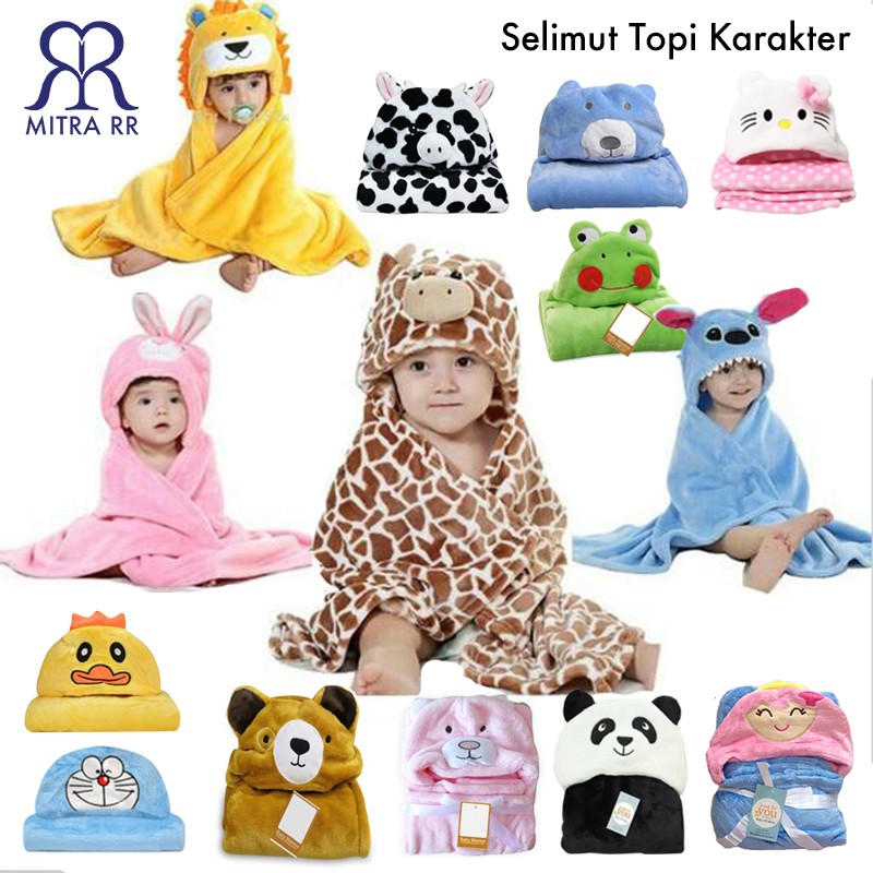 MitraRR Selimut Topi Bayi Karakter / Selimut Topi Bayi Boneka Fleece Carter Hooded Blanket