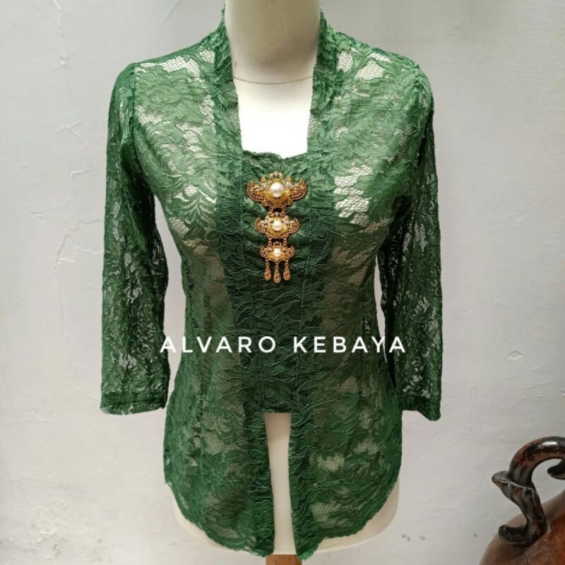 Atasan kebaya brokat halus stretch - kebaya kutubaru brukat modern wisuda halus tidak gatal strait melar-Hijau