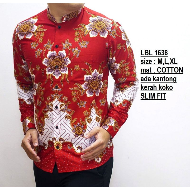 LB577 KEMEJA BATIK PRIA SLIM FIT MERAH LINABATIKDISTRO UNIK BAJU BATIK PRIA MERAH IMLEK