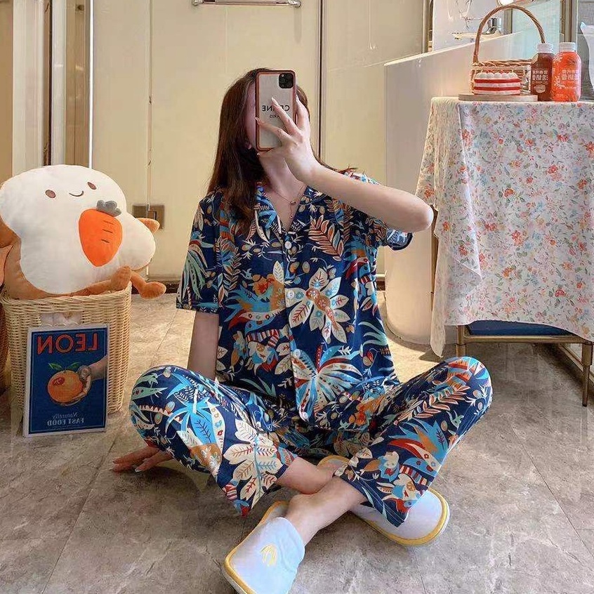 Baju tidur wanita / Piyama Cp baju tidur wanita krah pendek import kotak freesize-CP.K BATIK DAUN