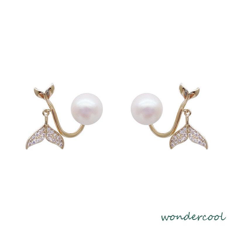 Pearl Fishtail Back Hanging Earrings Wanita High-end Cahaya Mewah Penuh Berlian Anting Geometris-Won