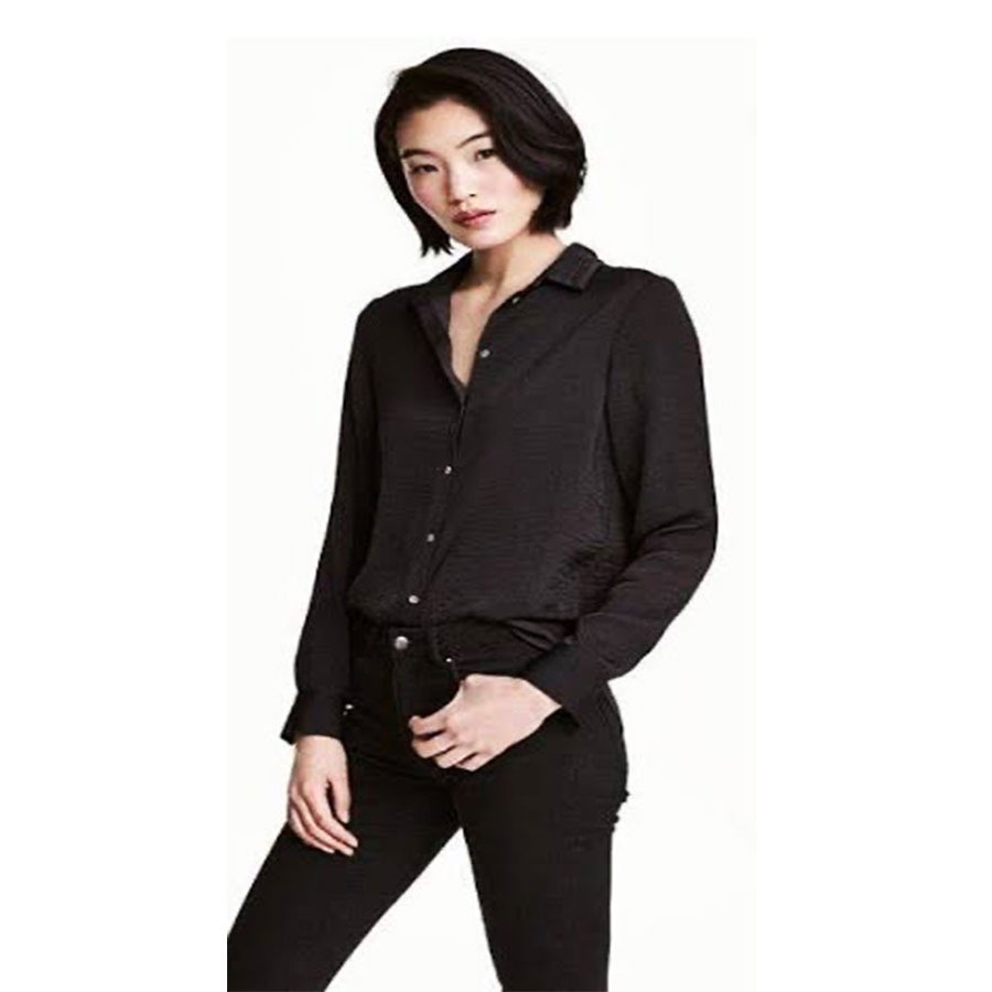 H M LS Shirt Black Baju  Atasan  Kemeja Kerja Hitam  
