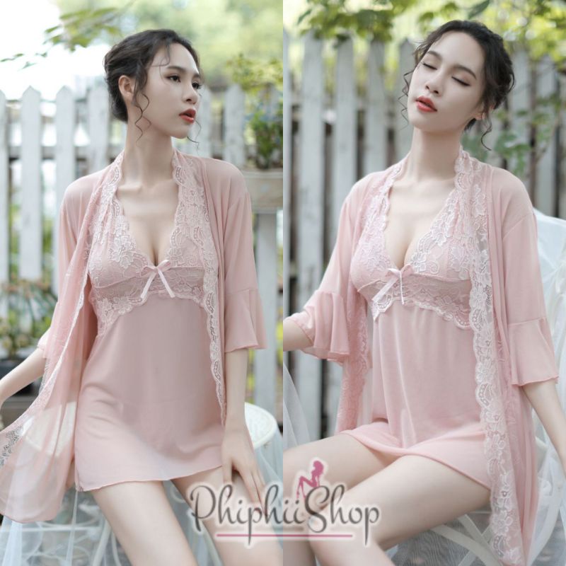 Baju Tidur Dewasa Wanita Setelan Dress + Kimono Model Renda Tali Silang Belakang