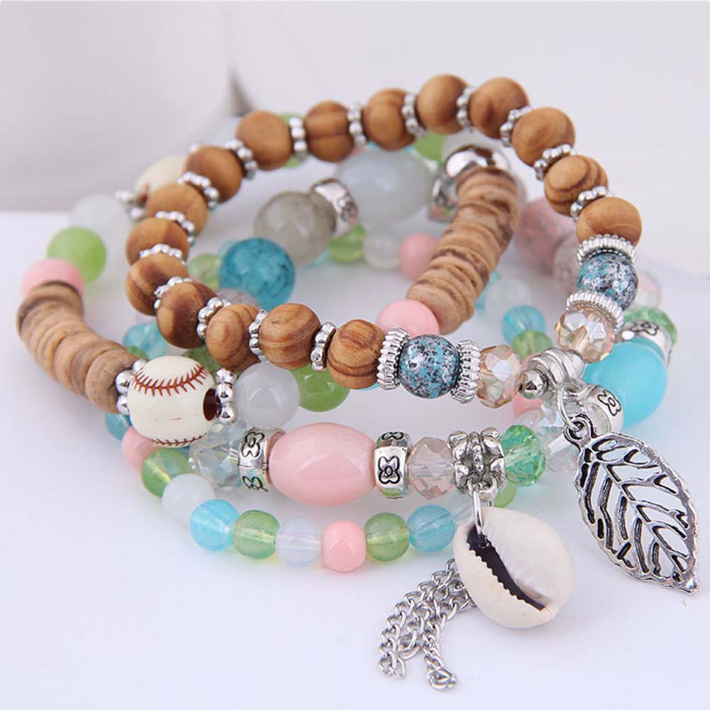 Hu Hu Hu Hu Hu Alat Bantu Pasang Kacamata♡ 4pcs / Set Gelang Elastis Gaya Bohemian Aksen Kerang / Daun / Manik-Manik Warna Permen Untuk Wanita