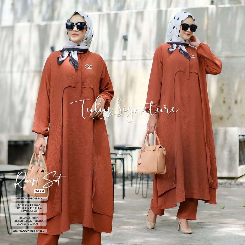 One Set Crinkle Premium/Setelan Tunik Dan Celana Muslim Wanita Terbaru 2022/Stelan Tunik Celana Panj