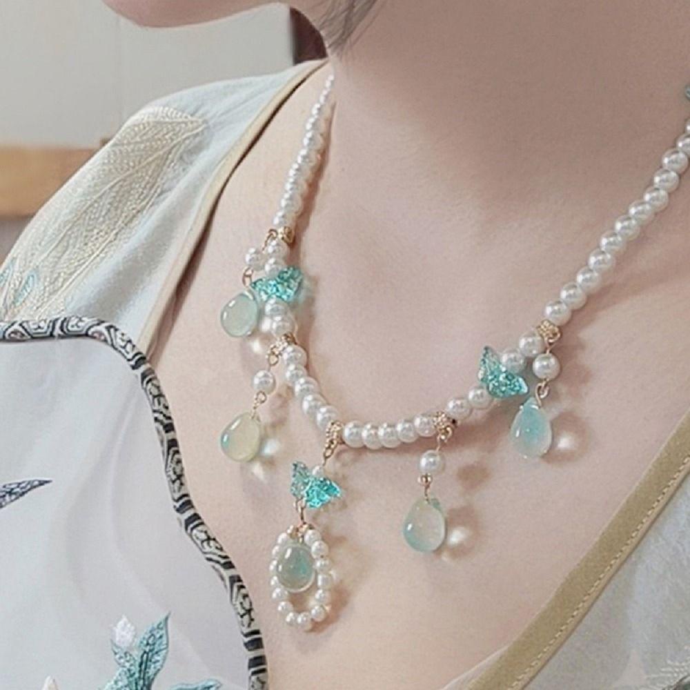 Mxbeauty Wanita Hanfu Kalung Hadiah Teman Elegan Kupu-Kupu Untuk Perempuan Rantai Mutiara Gaya Cina Perhiasan Leher