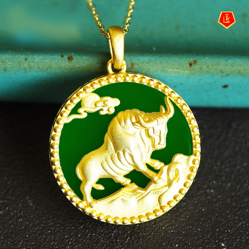 [Ready Stock]Hetian White Jade Gold Inlaid with Jade Chinese Zodiac Cow Pendant Elegant