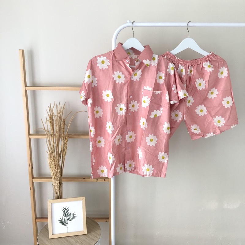 hirafa - One Set Setelan Atas Bawah Full Kancing / Baju Santai Tie Dye / Baju Wanita Pria-Aster - Peach