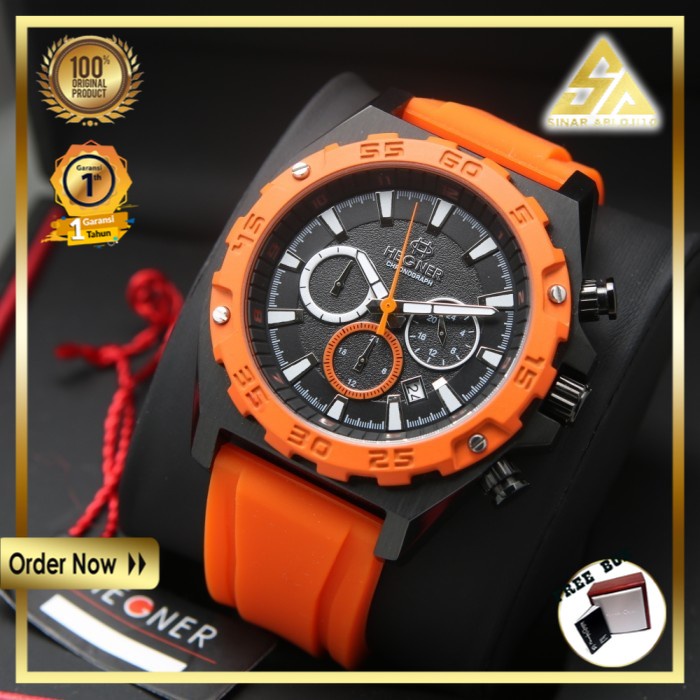 JAM TANGAN HEGNER PRIA COWOK ORIGINAL ORI BRANDED ANALOG BLACK ORANGE HW 1671