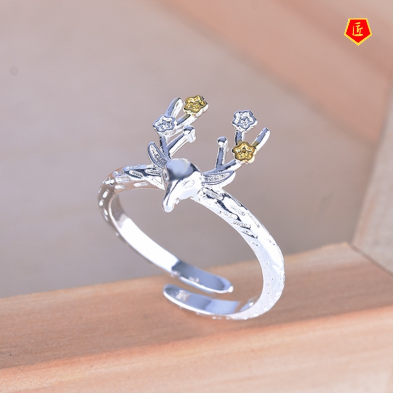 [Ready Stock]S925 Silver Flower Deer Ring Graceful Personality