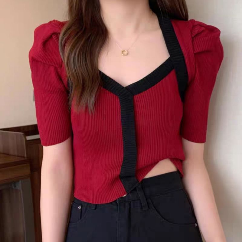C283 Baju atasan blouse Cropped crop krop top lengan pendek rajut knit Korean style maroon hitam moc