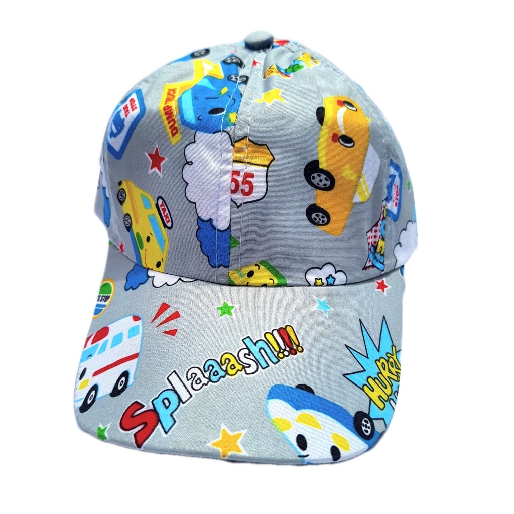 Topi Anak Laki Laki Perempuan Cowok Cewek Baseball Snapback Gambar Motif Karakter Kendaraan Transportasi Mobil Bus Taxi Tayo Abu Grey Full Print Sublim Keren Lucu TK SD Usia Umur 1 2 3 4 5 6 7 8 9 10 Tahun Topi