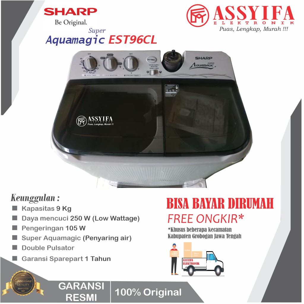 MESIN CUCI SHARP SUPER AQUA MAGIC 9 KG 2 TABUNG EST96CL NEW BERGARANSI RESMI