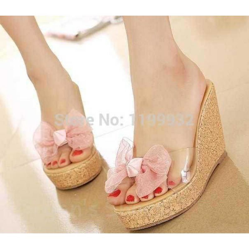 SANDAL WEDGES MIKA PITA TINGGI TRANSPARANT BENING SENDAL PESTA RIBBON KELSEY IMPORT