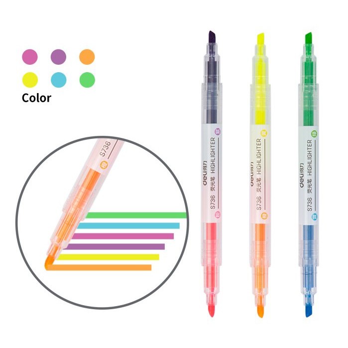 HIGHLIGHTER ( STABILO ) SPIDOL PENANDA SET ISI 3 6 WARNA DELI TWIN HEAD BAGUS 2 SISI KECIL + TEMPAT