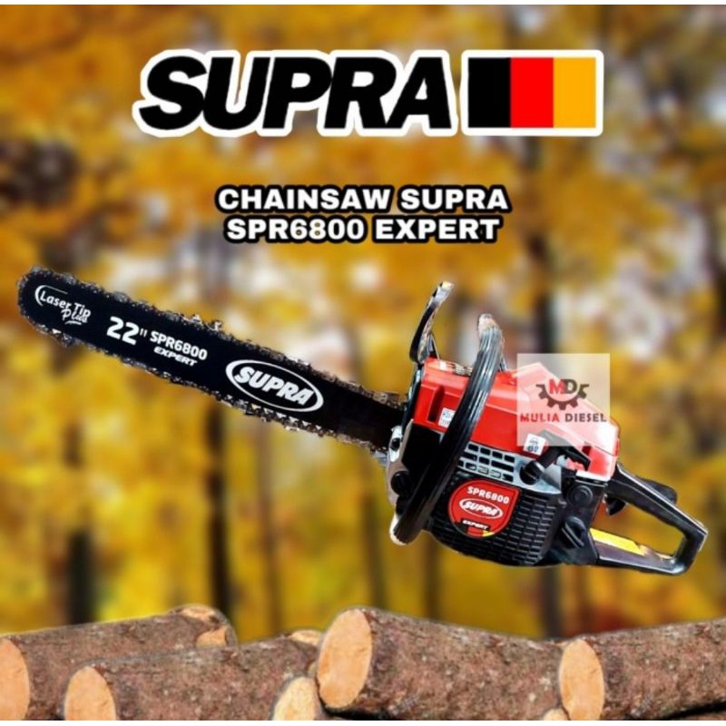 Mesin chainsaw SUPRA SPR 6800 gergaji kayu 22in potong pohon istimewa bar laser baja siap tempur power full bonus jam tangan