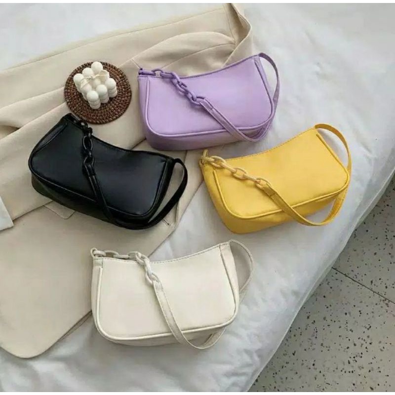 KHS Shoulder Bag Vintage chain Tas bahu fashion wanita polos tali rantai warna cream ungu kuning hit